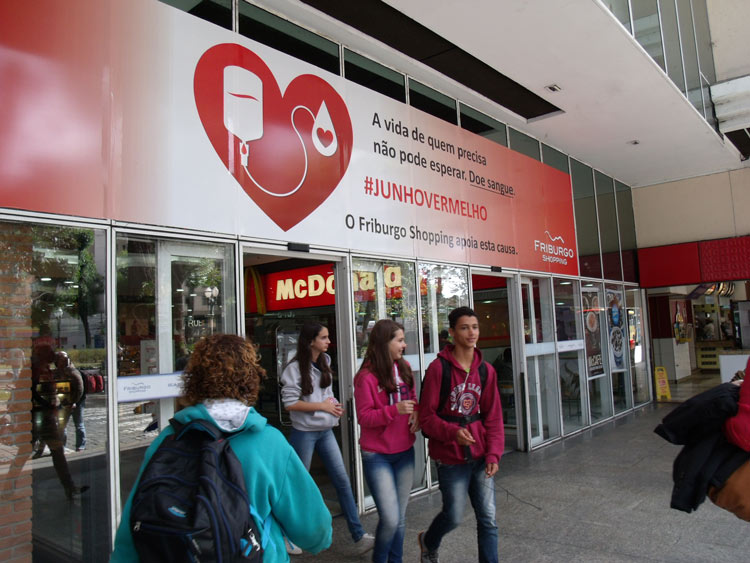 A mobilização está sendo promovida em várias cidades do país. Em Nova Friburgo, a causa é destaque na fachada deste shopping (Lúcio Cesar Pereira/A Voz da Serra)