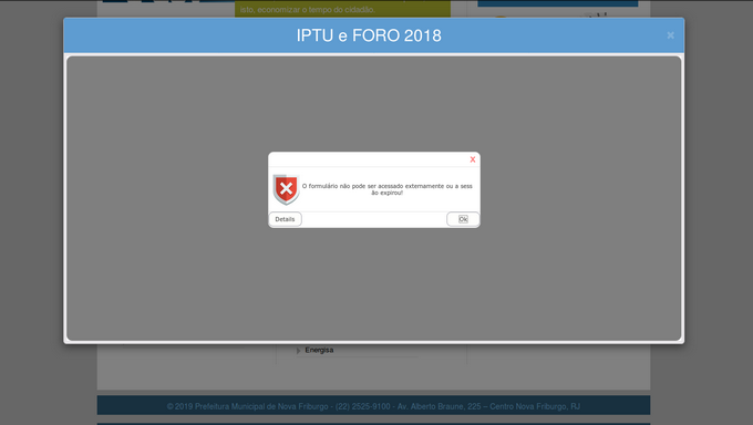 A página de erro que aparece quando se tenta acessar o IPTU (Reprodução da web)