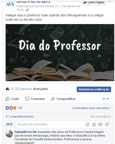 Um dos posts da VOZ DA SERRA convidando os leitores a indicarem o professor mais querido (Reprodução da internet)