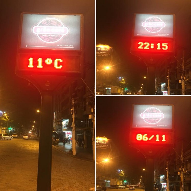 Nas fotos feitas pela leitora Rivana Abbud, o termômetro da Alberto Braune marcando 11 graus às 22h15 desta terça